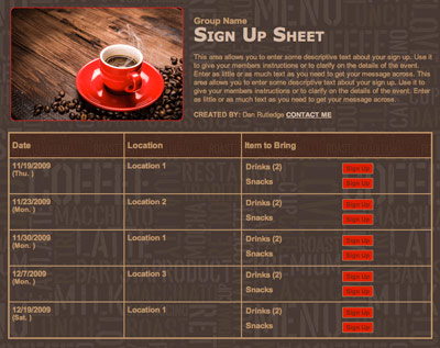 coffee java cafe cream latte espressso expresso cup of joe brown red meeting coffee beans fundraiser sign up form sheet invitation