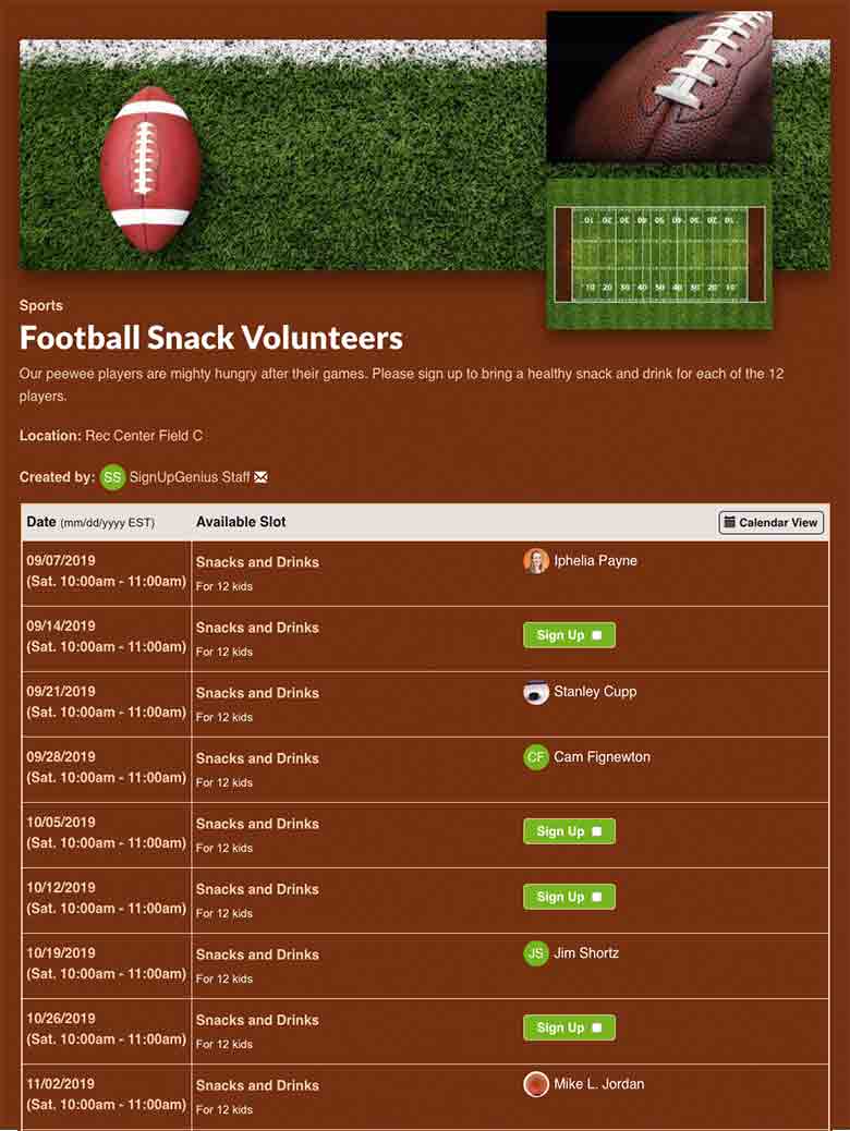 Football Snack Schedule Template