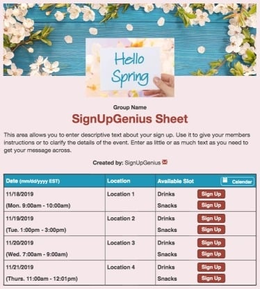 spring office potluck sign up sheet