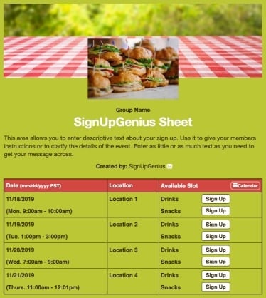 summer picnics potlucks cookouts sandwiches grill green sign up form