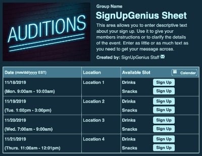 talents shows auditions casting theaters theatres singing contests sign up form