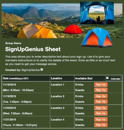scouts scouting camping campground tent outdoors green sign up form