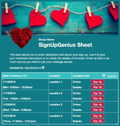valentines hearts love party blue sign up form